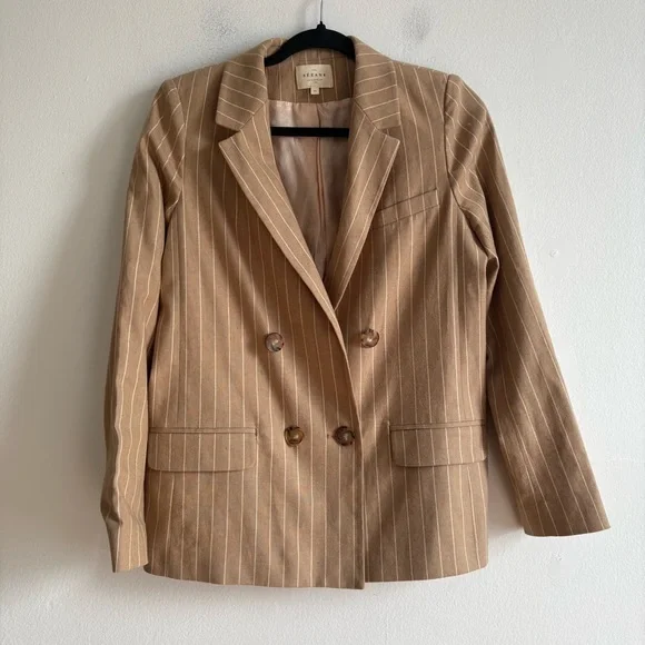 Sezane Sz 6 (38) Michele Tan Pin Stripes Double Breasted Wool Blend Blazer - Picture 2 of 8